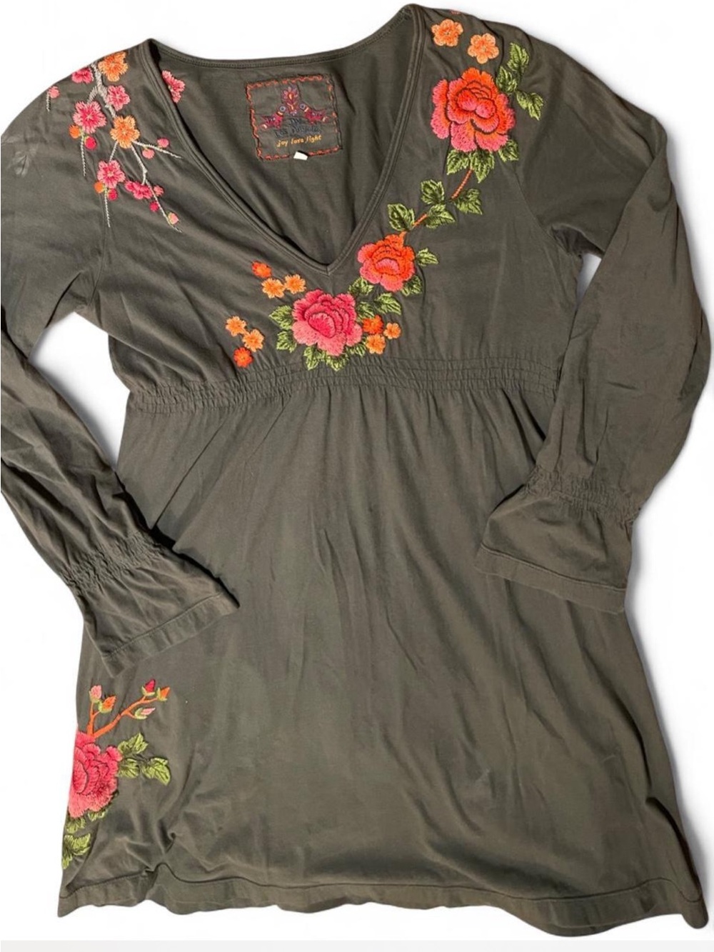 Johnny Was - JW Los Angeles Embroidered Floral Boho Tunic Dress Gray Size L